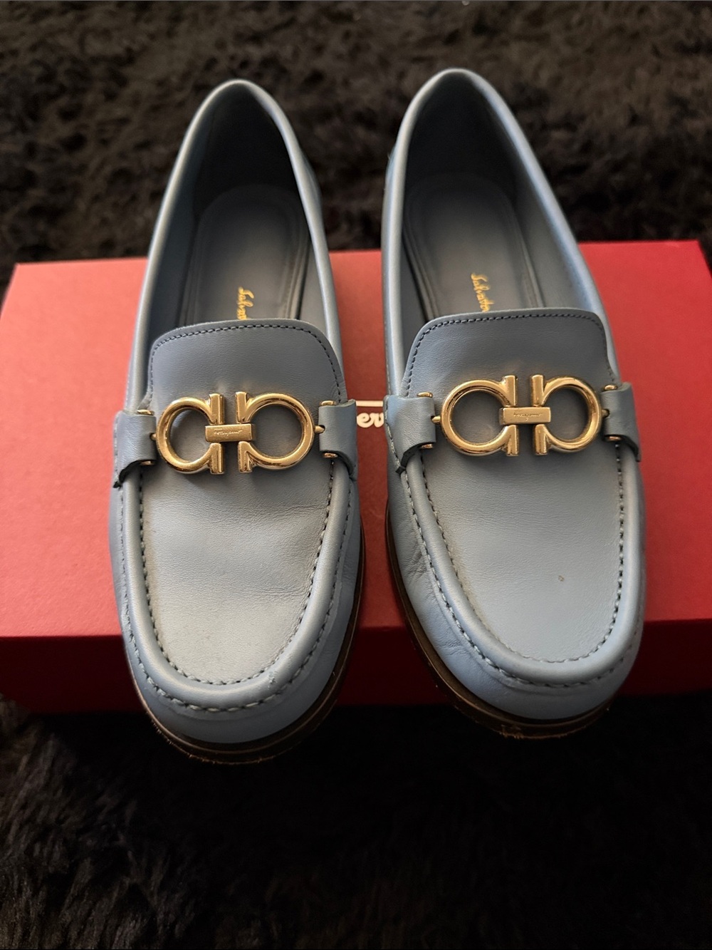 Salvatore Ferragamo Light Blue Leather Gancini Loafers